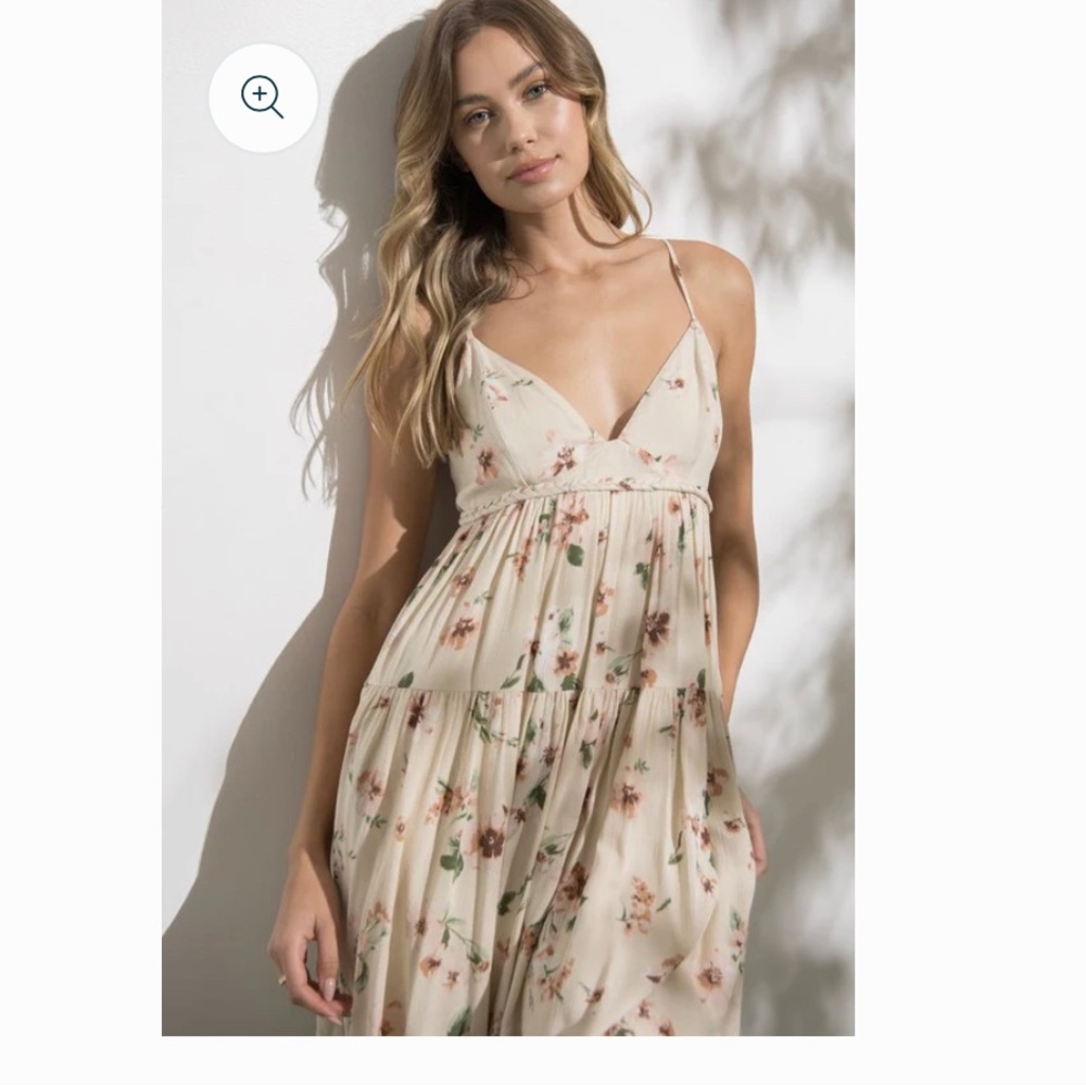 NWT Beige Floral Vneck Mini Babydoll Dress Size small - Picture 2 of 11